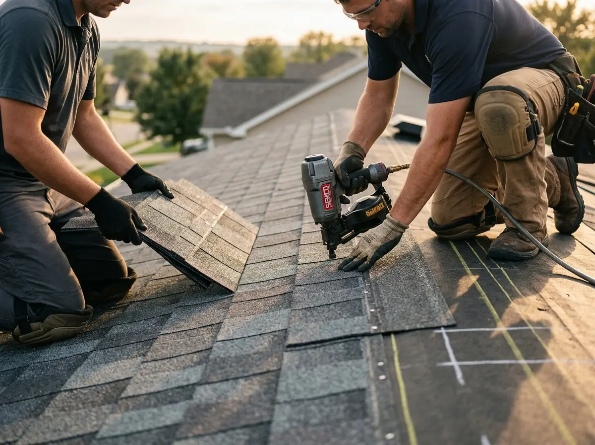 Professional roofer working on a residential roof in East Camden